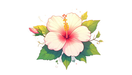 Obraz premium A vibrant illustration features a blooming hibiscus flower with leaves and buds