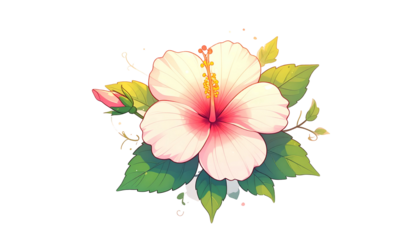 A vibrant illustration features a blooming hibiscus flower with leaves and buds