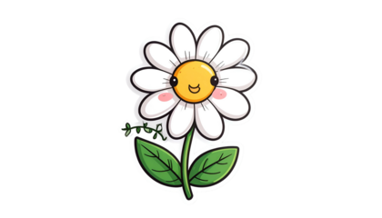 Cartoon daisy with a happy face, green stem, leaves and a curly tendril against black