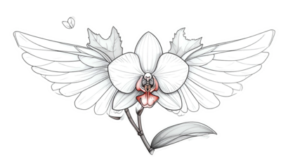 White orchid with feathered wings and a small butterfly, outlined with hints of red