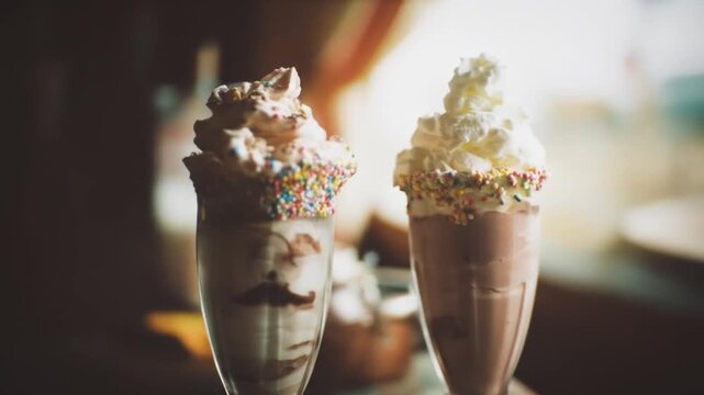 Delicious ice cream milkshakes with whipped cream on wooden tabletop