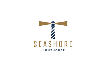 Lighthouse and beach wave logo, ship navigation logo