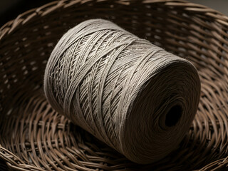 Natural thread spool in woven basket rustic texture close up
