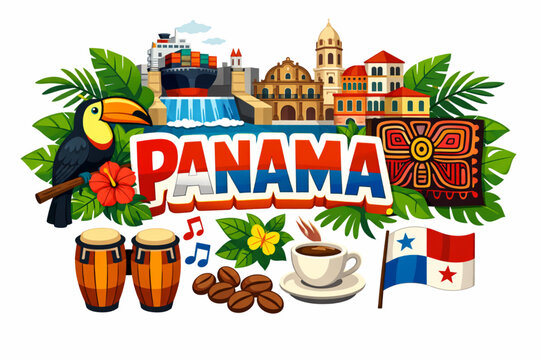 Panama culture vector illustration with canal colonial architecture rainforest music and national symbols