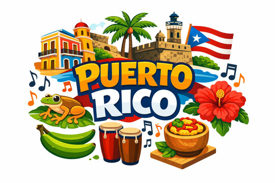 Puerto Rico culture vector illustration with colonial architecture music cuisine nature and national symbols