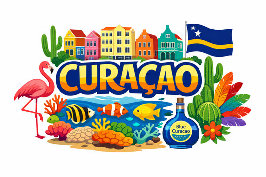 Curacao culture vector illustration with Caribbean architecture wildlife nature and national symbols