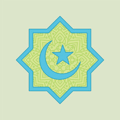 Islamic Crescent Moon and Star Symbol with Geometric Ornament