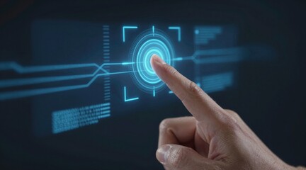 Futuristic hand interacting with a digital interface display.