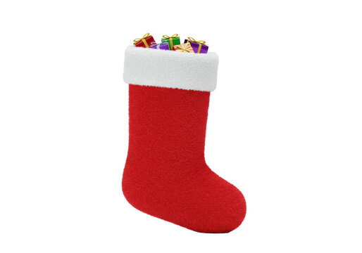 Highly detailed vibrant red fluffy Christmas stocking with white faux fur cuff, plump, stuffed with colorful gifts, isolated on transparent background with copy space, festive holiday gifting concept.