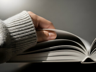 Person turning pages of an open book with soft light