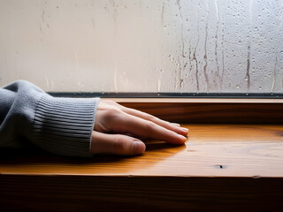Person resting hand on wooden surface with condensation on window