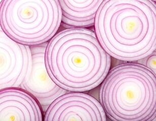Overhead view of vibrant red onion slices arranged closely