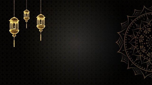 Three golden Islamic lanterns hanging against dark patterned background with ornamental mandala