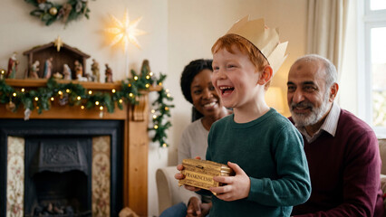 Joyful family exchanging gifts during Epiphany celebration at festive home for holiday magazine editorial use