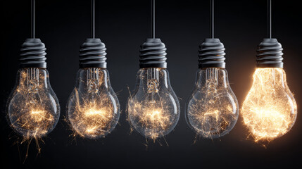 Five illuminated incandescent light bulbs with glowing filaments and sparks, hanging against a dark background, showcasing vintage glass textures and warm yellow-orange light