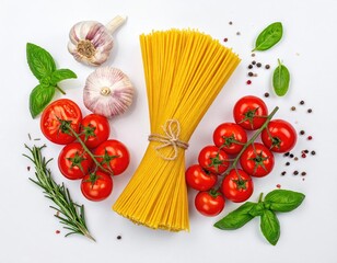 Top-down view of uncooked pasta, tomatoes, garlic, herbs on white