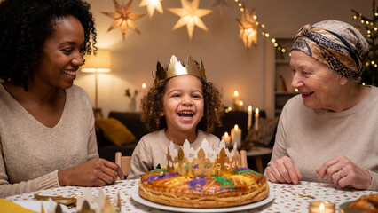 Diverse family lighting candles around nativity scene during Epiphany celebration at home for magazine editorial