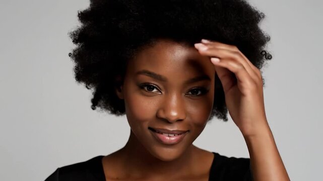Portrait of a woman with curly hair, looking directly at the viewer with a slight smile