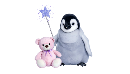 A fluffy pink bear sits with a baby penguin, both holding a star-topped wand