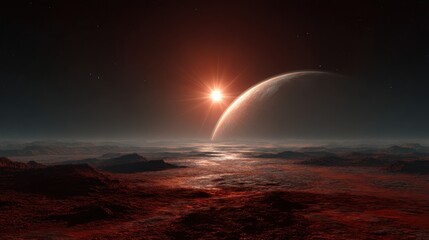 A large moon appears in the sky while a bright star shines through a rocky terrain on a distant planet. The scene shows the surface under a dark sky at sunrise.