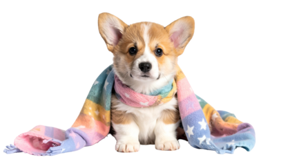 A cute, light brown and white corgi puppy sits with a colorful rainbow scarf, on black