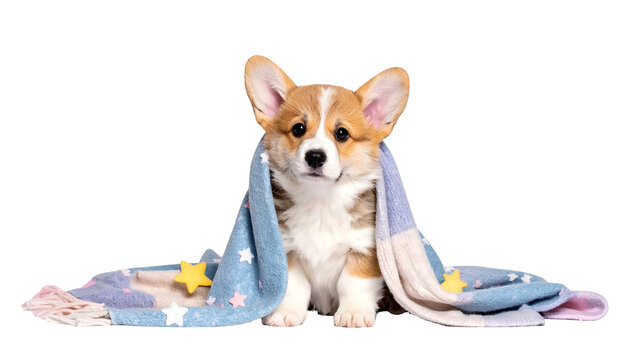 A cute, young corgi puppy is wrapped in a light blue blanket with stars, looking forward