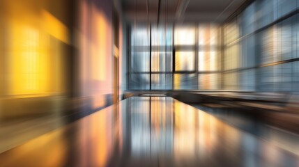 This image showcases an abstract representation of a modern office interior with vibrant motion blur effect. The soft hues of orange and blue blend seamlessly, creating a dynamic and artistic feel.