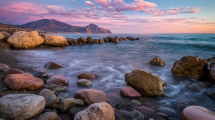 Waves gently wash over a rocky shore as the sun sets in the background. Mountains stand tall against a colorful sky filled with clouds. This scene captures nature's beauty at twilight.