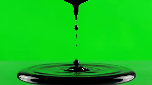 Thick black liquid pouring dripping and splashing on green screen
