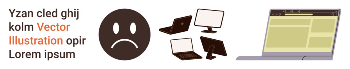 Fototapeta premium Digital communication, web design, user interface problems, online security, negative feedback, internet impact. Sad face, computers and laptop screen design. User interface problems and digital