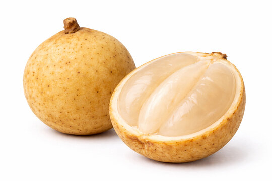 Fresh duku langsat fruit and half cut with translucent flesh isolated on white