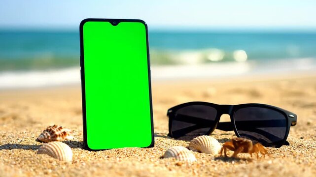 A tropical summer vacation concept featuring stylish sunglasses resting on the sandy beach with a starfish and shell near the blue ocean waves under a bright sunny sky for a relaxing holiday travel