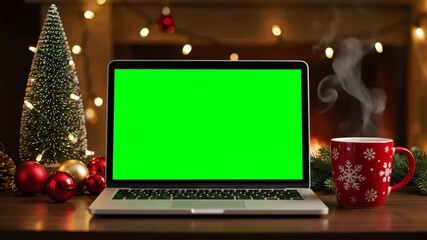 A warm and festive close-up shot highlights a laptop with a bright green screen, positioned beside a steaming red christmas mug and ornaments on a cozy wooden table. - Powered by Adobe