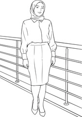 Modern black and white line art illustration of a hijab woman wearing satin shirt, leather pencil skirt and high heels, bold thick lines, minimalist style, print ready ISO size, EPS vector