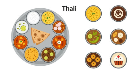 Fototapeta premium Flat lay illustration of a traditional Indian thali meal with various dishes and desserts on a gray plate and white background