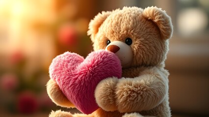 a brown teddy bear with a pink heart plush