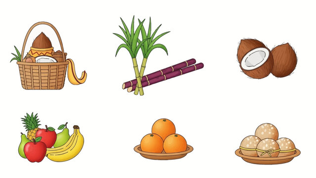 Flat lay of various fruits and offerings for Chhath Puja on a clean white background