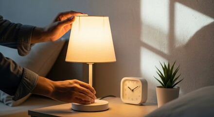 Person adjusting a table lamp on a bedside table with a clock and plant in a dimly lit room.