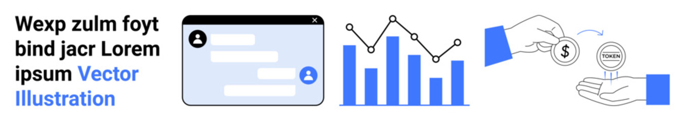 Obraz premium Data insights, financial transactions, secure payments, analytics, business communication, market trends. Charts, dialog box and hands exchanging money. Data insights and financial transactions