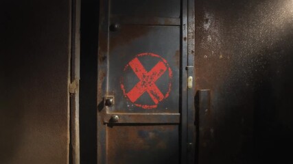 The rusty metal door with a red X symbol is closed at night.