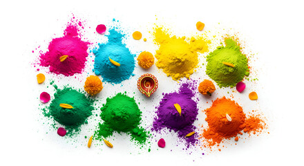 Happy Holi decoration, the indian festival.Top view of colorful holi powder on white background
