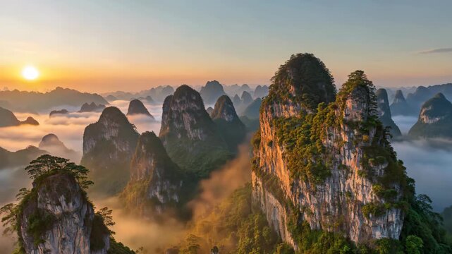 Panoramic sunrise view of karst landforms