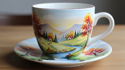Fototapeta premium A hand-painted coffee cup on a saucer, depicting a serene landscape with mountains and a lake, placed on a wooden table in a cozy environment.