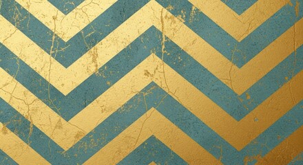 Vintage chevron pattern with teal and gold stripes on a distressed background