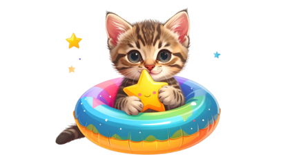 Adorable kitten in a colorful inflatable ring, clutching a smiling star, with starry sparkles