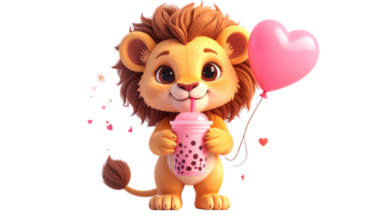 A cute cartoon lion cub holding a pink heart balloon and bubble tea