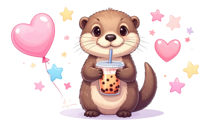 A cute, cartoon otter sips a bubble tea, surrounded by hearts and stars