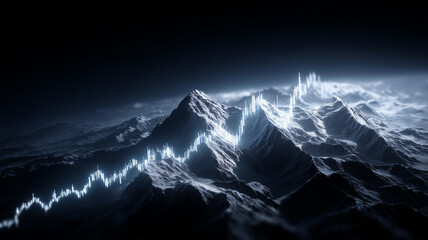 Abstract mountain landscape shaped by a glowing financial chart representing market volatility economic performance and investment risk.
