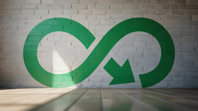Green infinity symbol with arrow on white brick wall background