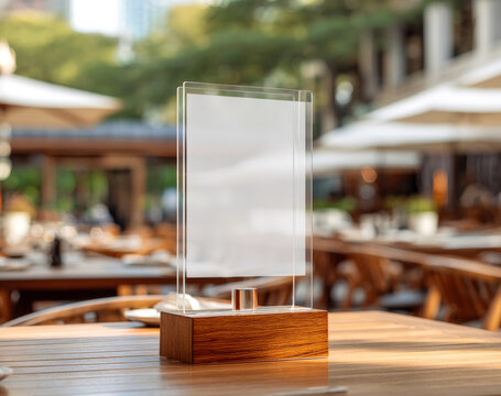 Acrylic menu holder with a blank white a4 card standing on a polished wooden base in an outdoor dining area with tables and umbrellas